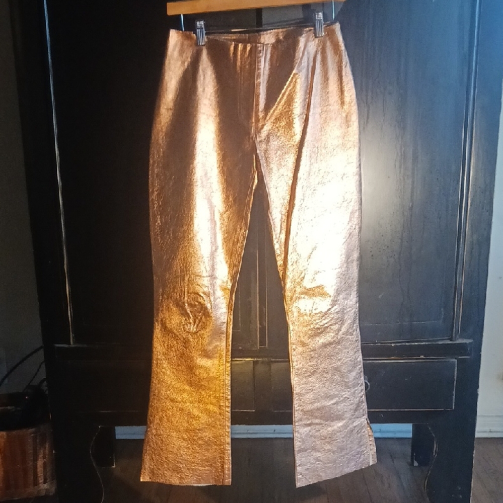 Anna Huling Copper "Metallic" Flared Leather Pant